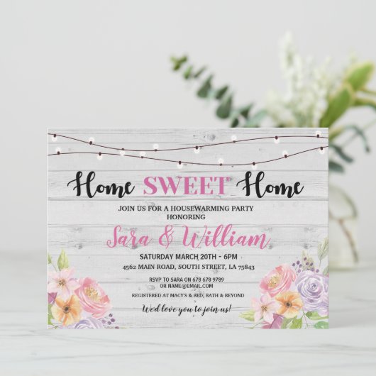 引っ越し祝いパーティーのヴィンテージの家の甘い灰色のピンクの花 招待状 (スタンド正面)