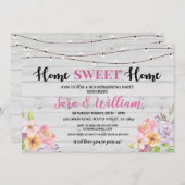 引っ越し祝いパーティーのヴィンテージの家の甘い灰色のピンクの花 招待状 (正面/裏面)