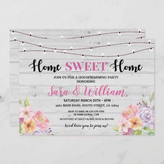 引っ越し祝いパーティーのヴィンテージの家の甘い灰色のピンクの花 招待状 (正面/裏面)