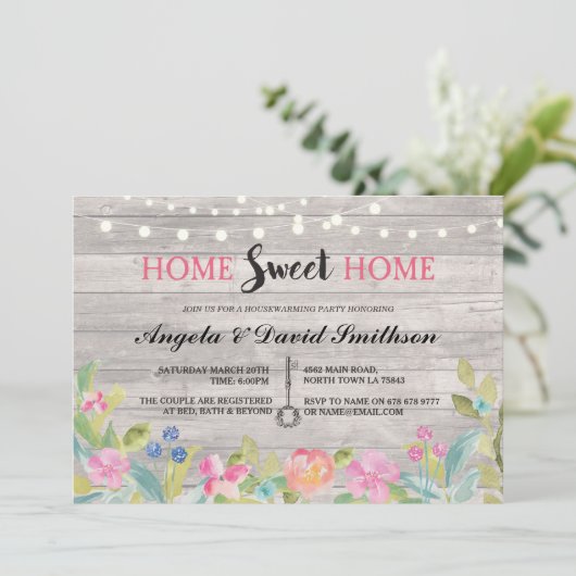 引っ越し祝いパーティーの家の甘い家のヴィンテージの素朴な招待 招待状 (スタンド正面)