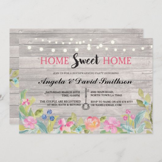引っ越し祝いパーティーの家の甘い家のヴィンテージの素朴な招待 招待状 (正面/裏面)