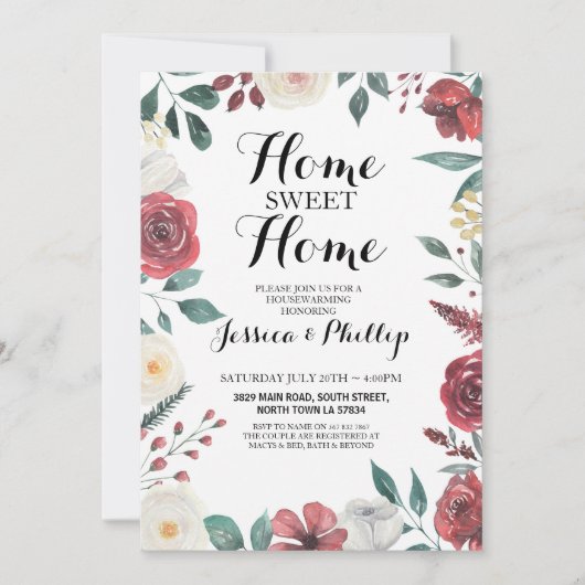 引っ越し祝いパーティーの新しい家の家の赤い花の群葉 招待状 (正面)