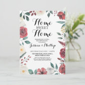 引っ越し祝いパーティーの新しい家の家の赤い花の群葉 招待状 (スタンド正面)