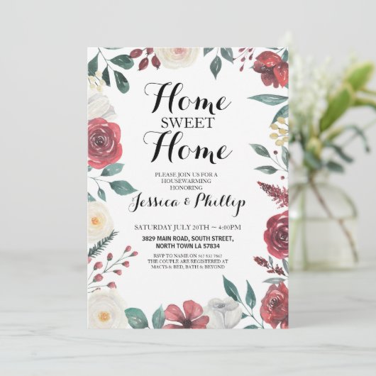 引っ越し祝いパーティーの新しい家の家の赤い花の群葉 招待状 (スタンド正面)