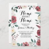 引っ越し祝いパーティーの新しい家の家の赤い花の群葉 招待状 (正面/裏面)