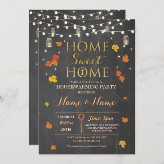 引っ越し祝いパーティーの甘い家の秋のチョークの葉の招待 招待状 (正面/裏面)