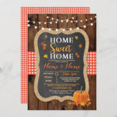 引っ越し祝いパーティーの甘い家の秋の木製のカボチャ招待 招待状 (正面/裏面)