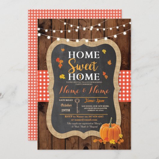 引っ越し祝いパーティーの甘い家の秋の木製のカボチャ招待 招待状 (正面/裏面)
