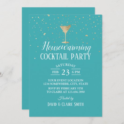 引っ越し祝いパーティーカクテルパーティーエレガントターコイズ 招待状 (正面/裏面)