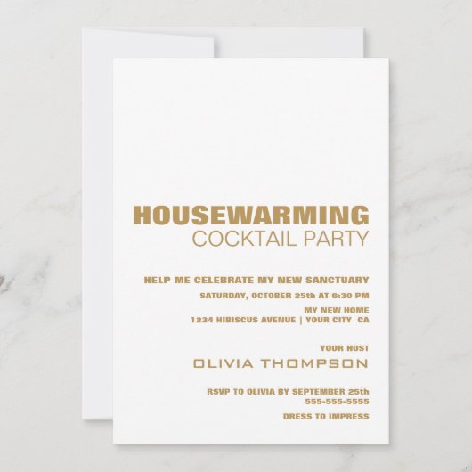 引っ越し祝いパーティーカクテルパーティーモダンホワイト金ゴールド 招待状 (正面)