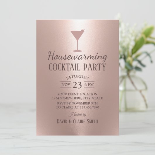 引っ越し祝いパーティーカクテルパーティー赤面バラ金ゴールド 招待状 (スタンド正面)