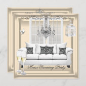 引っ越し祝いパーティークリームホワイトシャンパンシャンデリア 招待状 (正面/裏面)