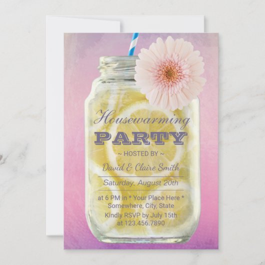 引っ越し祝いパーティーサマーレモネードメイスンジャールウォーター色 招待状 (正面)