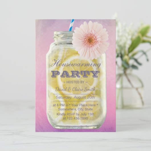 引っ越し祝いパーティーサマーレモネードメイスンジャールウォーター色 招待状 (スタンド正面)