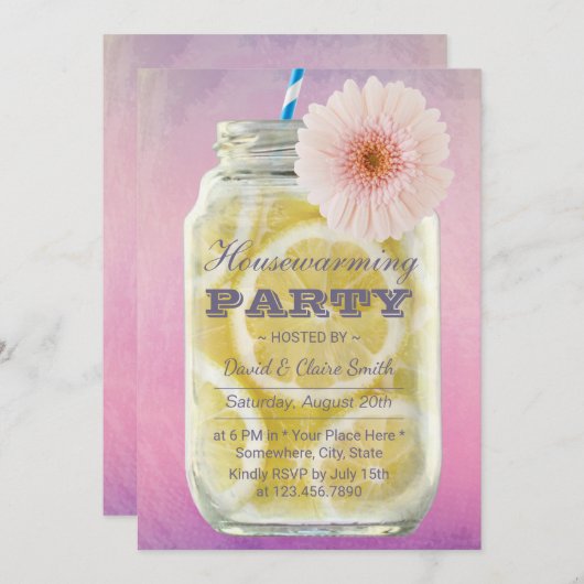 引っ越し祝いパーティーサマーレモネードメイスンジャールウォーター色 招待状 (正面/裏面)