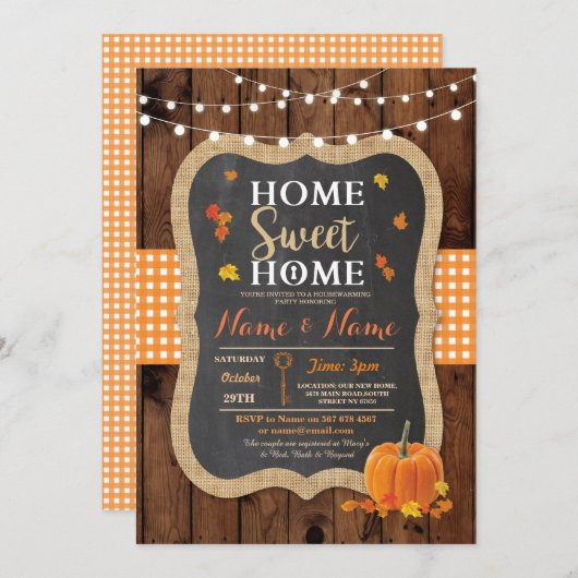 引っ越し祝いパーティースウィートホーム秋チョークパンプキン招待状 招待状 (正面/裏面)