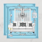 引っ越し祝いパーティーティール(緑がかった色)ブルーホワイトシャンパンシャンデリア 招待状 (正面/裏面)