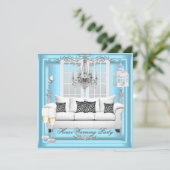 引っ越し祝いパーティーティール(緑がかった色)ブルーホワイトシャンパンシャンデリア 招待状 (スタンド正面)