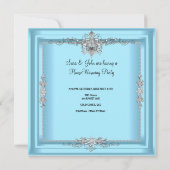 引っ越し祝いパーティーティール(緑がかった色)ブルーホワイトシャンパンシャンデリア 招待状 (裏面)