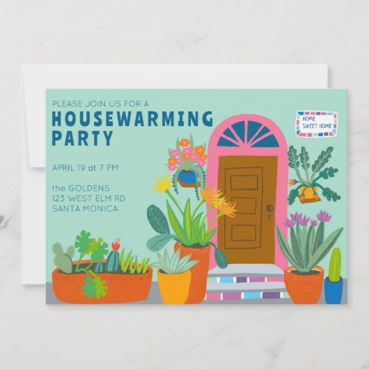 引っ越し祝いパーティーニューホームカラフルフロントドアパーティー 招待状 (正面)