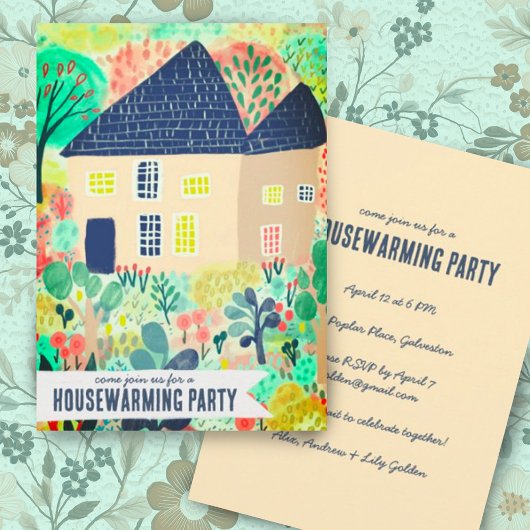 引っ越し祝いパーティーニューホームガーデンウォーターカラーキュートパーティー 招待状