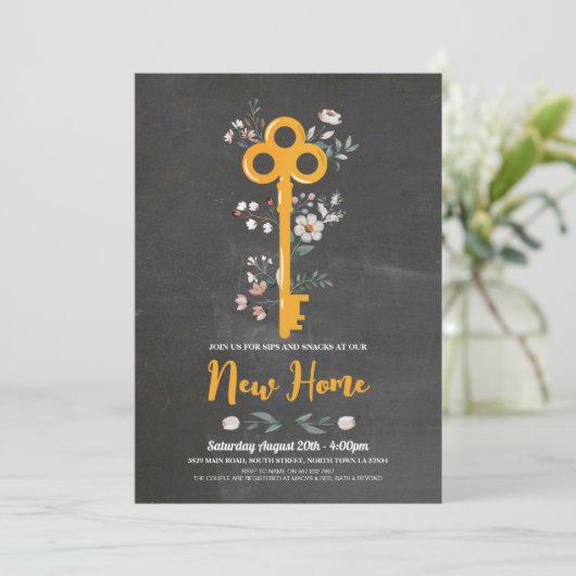 引っ越し祝いパーティーニューホームハウス鍵花模様チョーク 招待状 (スタンド正面)