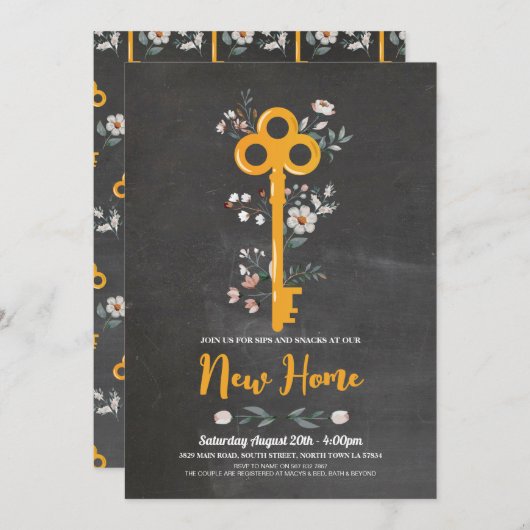 引っ越し祝いパーティーニューホームハウス鍵花模様チョーク 招待状 (正面/裏面)