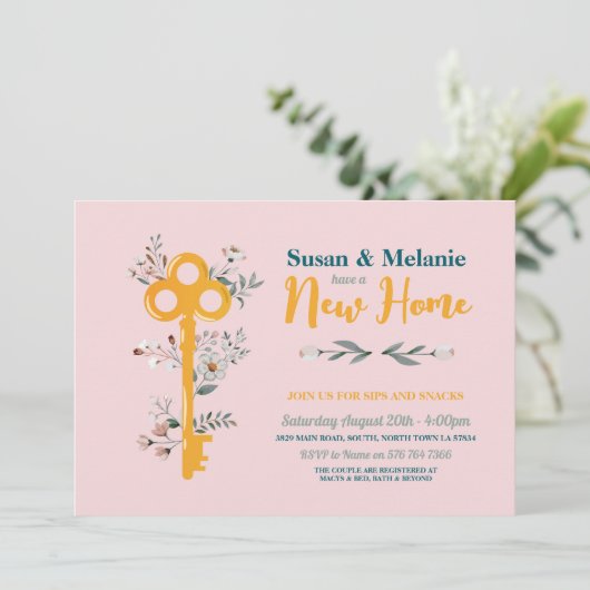 引っ越し祝いパーティーニューホームハウス鍵花模様ピンク 招待状 (スタンド正面)