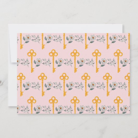 引っ越し祝いパーティーニューホームハウス鍵花模様ピンク 招待状 (裏面)