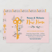 引っ越し祝いパーティーニューホームハウス鍵花模様ピンク 招待状 (正面/裏面)