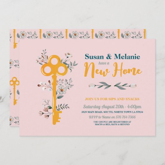 引っ越し祝いパーティーニューホームハウス鍵花模様ピンク 招待状 (正面/裏面)