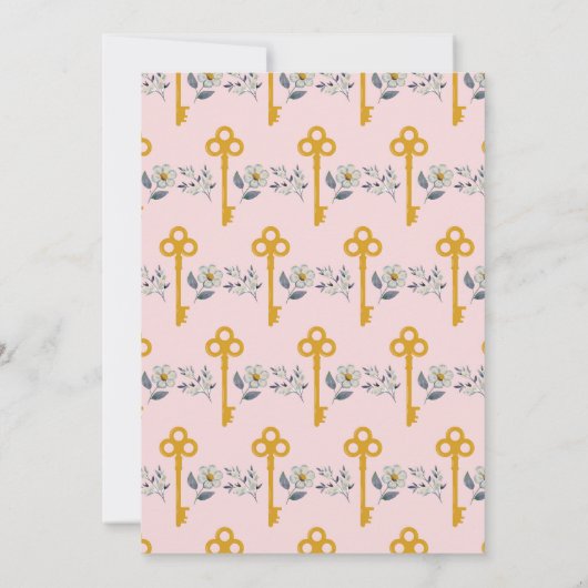 引っ越し祝いパーティーニューホームハウス鍵花模様ピンク 招待状 (裏面)