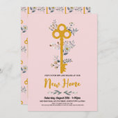 引っ越し祝いパーティーニューホームハウス鍵花模様ピンク 招待状 (正面/裏面)