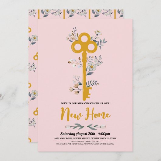 引っ越し祝いパーティーニューホームハウス鍵花模様ピンク 招待状 (正面/裏面)