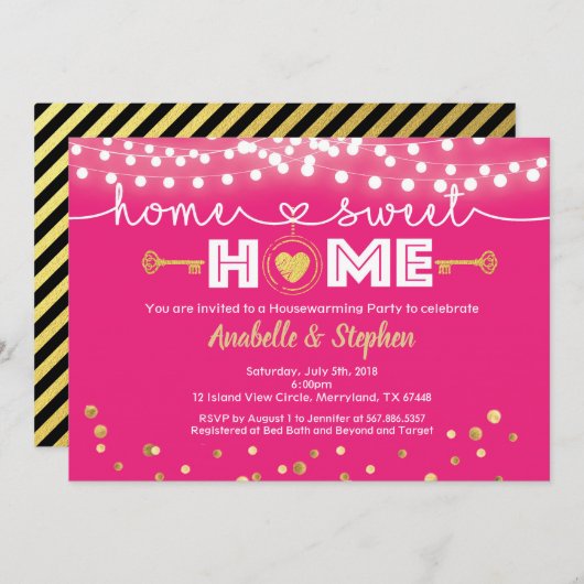 引っ越し祝いパーティーパーティの招待状ホットピンク&金ゴールド 招待状 (正面/裏面)