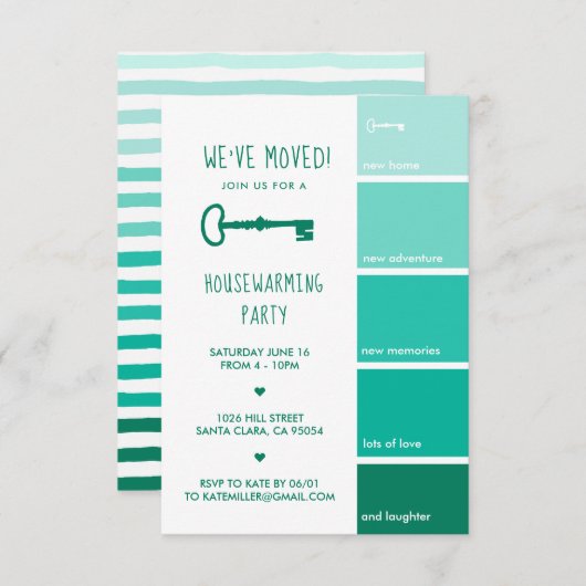 引っ越し祝いパーティーパーティの招待状|スウォッチ絵を描 招待状 (正面/裏面)