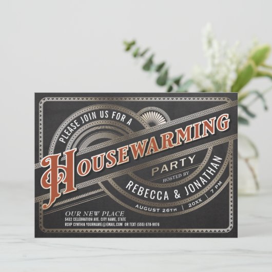 引っ越し祝いパーティーパーティの招待状-レトロ箔 招待状 (スタンド正面)