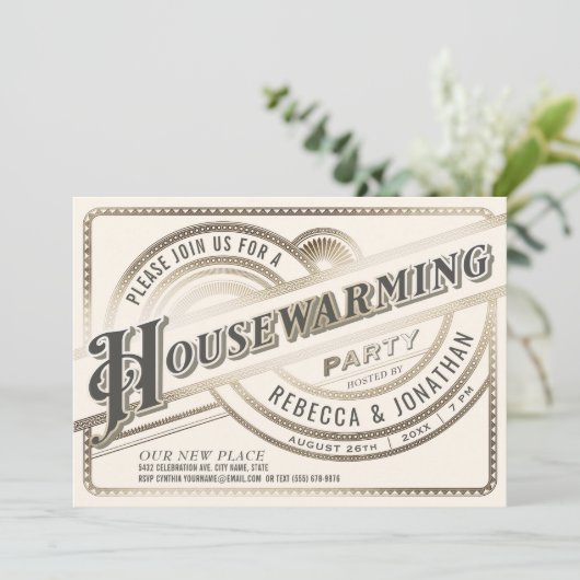 引っ越し祝いパーティーパーティの招待状-レトロ金箔 招待状 (スタンド正面)