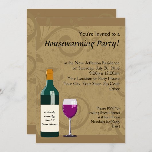 引っ越し祝いパーティーパーティの招待状、ワインテーマ 招待状 (正面/裏面)