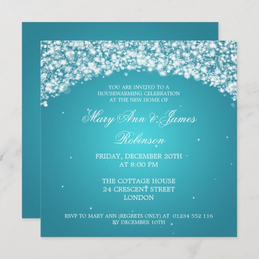 引っ越し祝いパーティーパーティーきらめくアーチターコイズ 招待状 (正面/裏面)