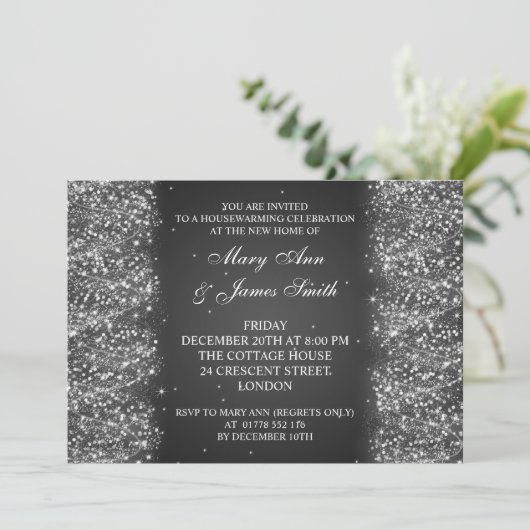 引っ越し祝いパーティーパーティーきらめくグリッターブラック 招待状 (スタンド正面)