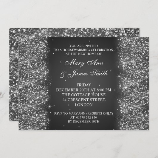 引っ越し祝いパーティーパーティーきらめくグリッターブラック 招待状 (正面/裏面)