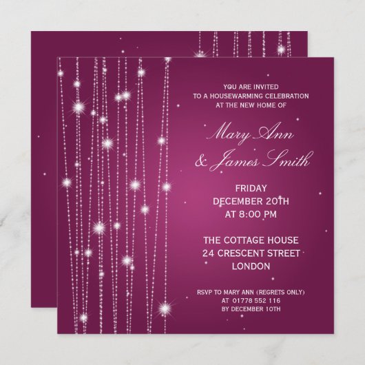 引っ越し祝いパーティーパーティーきらめく線ピンク 招待状 (正面/裏面)