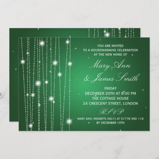 引っ越し祝いパーティーパーティーきらめく線緑 招待状 (正面/裏面)