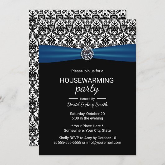 引っ越し祝いパーティーパーティークラシックブルーリボン&ダマスク 招待状 (正面/裏面)