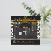 引っ越し祝いパーティーパーティーシャンデリアダマスクホワイト金ゴールド 招待状 (スタンド正面)