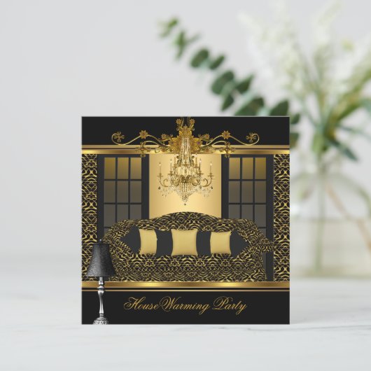 引っ越し祝いパーティーパーティーシャンデリアダマスク金ゴールドブラック 招待状 (スタンド正面)