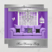 引っ越し祝いパーティーパーティーシャンデリアパープルソファーシルバー 招待状 (正面/裏面)