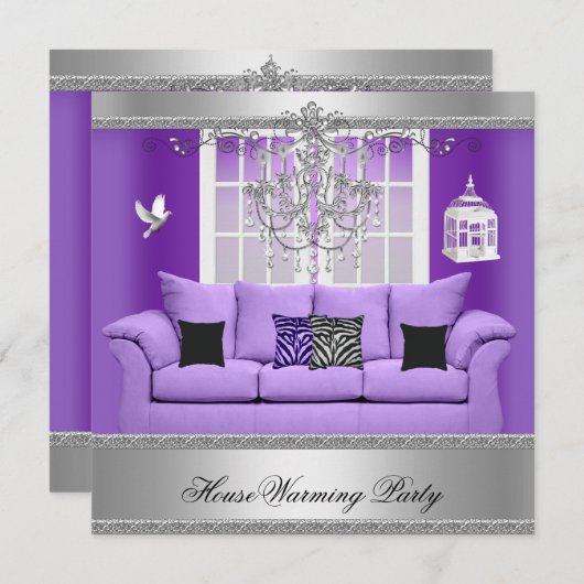 引っ越し祝いパーティーパーティーシャンデリアパープルソファーシルバー 招待状 (正面/裏面)