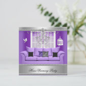 引っ越し祝いパーティーパーティーシャンデリアパープルソファーシルバー 招待状 (スタンド正面)